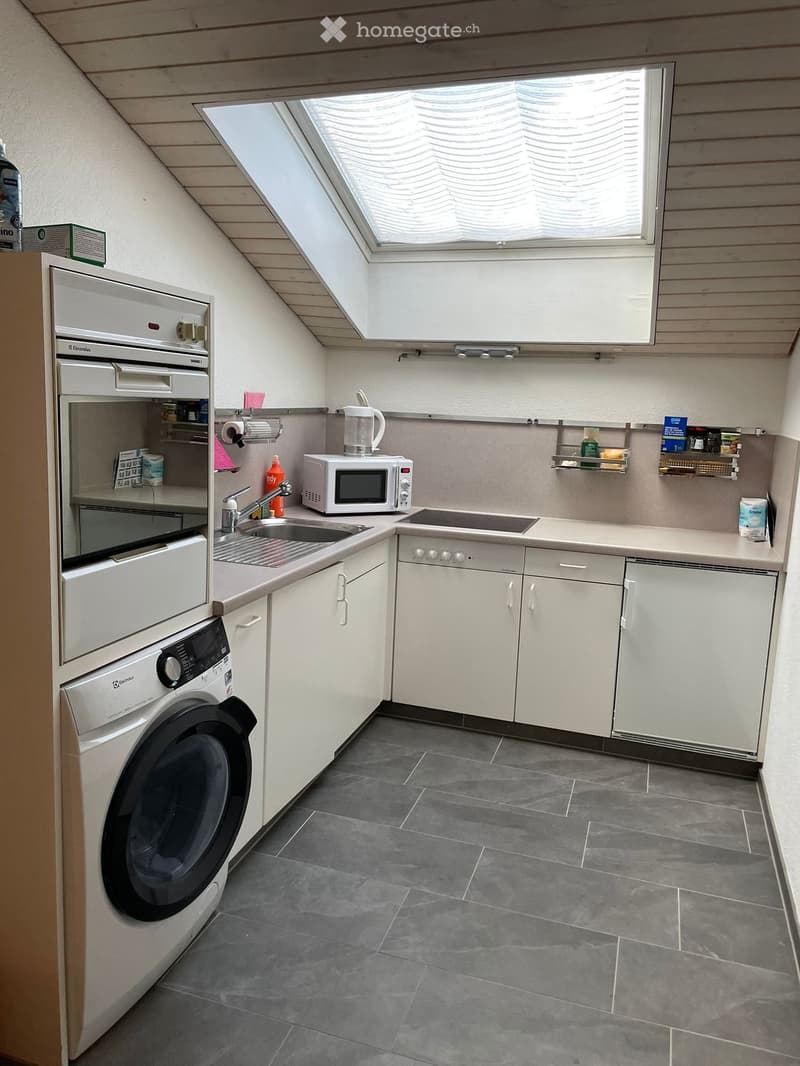 Compact kitchen with white cabinets, stainless steel appliances, and a skylight window above the sink.