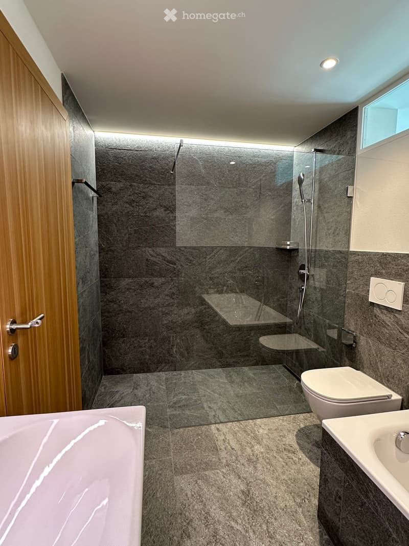 Modern bathroom with a bathtub, toilet, sink, and glass-enclosed shower area. Features dark grey marble tiles and a sleek design.