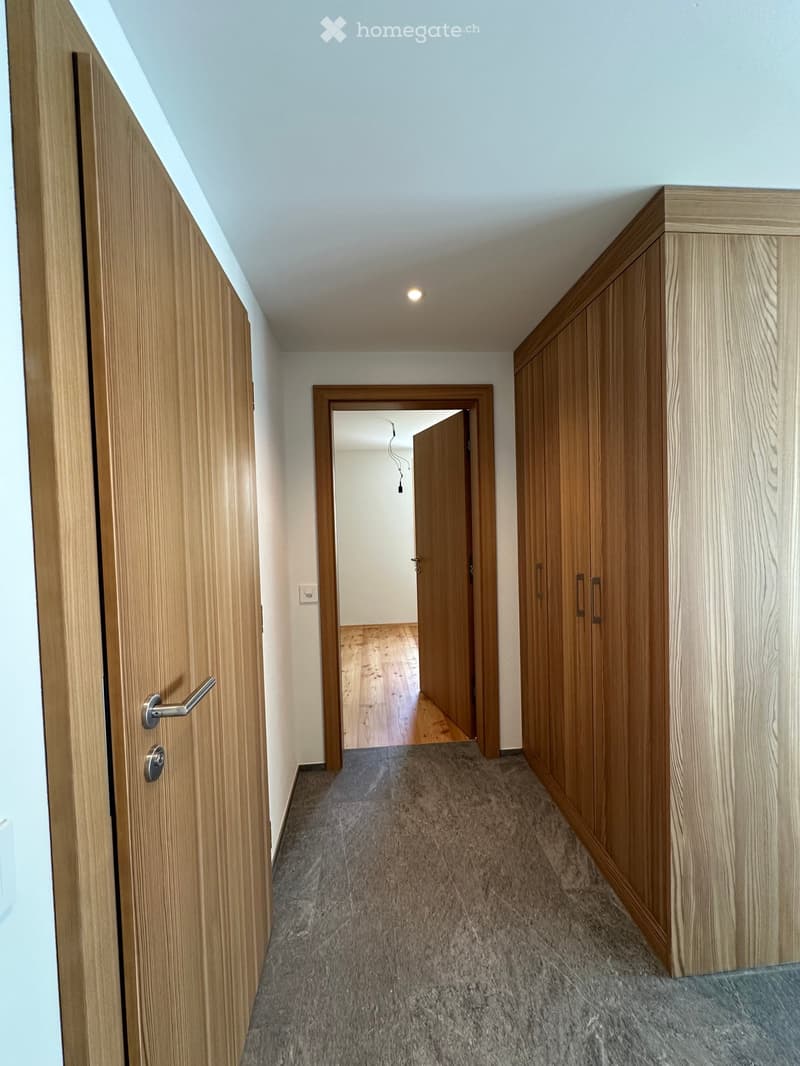 Modern hallway with wooden paneling, grey carpet, and recessed lighting. Features a partially open door leading to another room with wooden flooring.