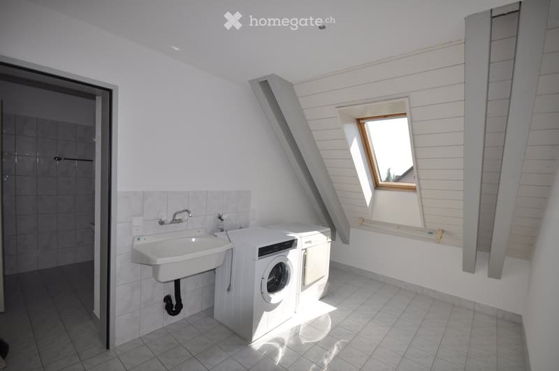 Modern bathroom with a white sink, washing machine, bathtub, and skylight window. The space features tiled walls and floor, with a shower area visible through an open doorway.