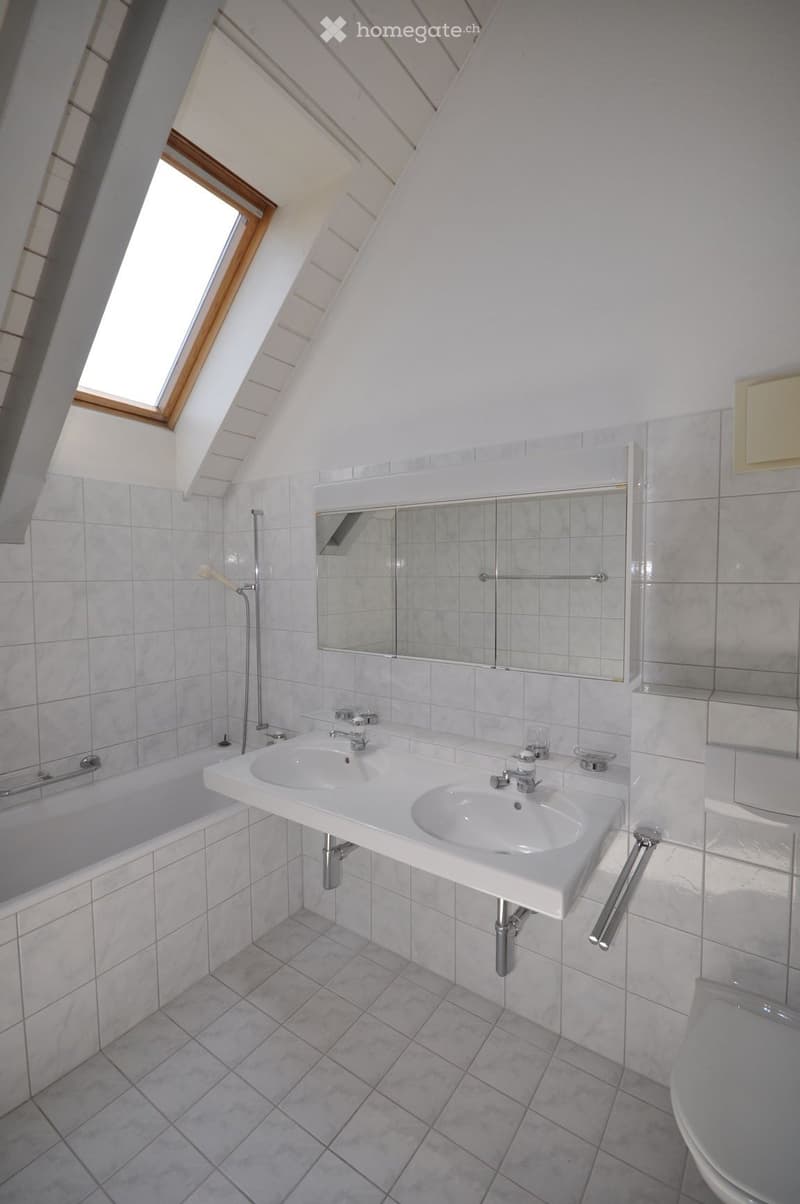 Modern bathroom with white tiles, a double sink, bathtub, and a large mirror. Features a skylight window and built-in storage.