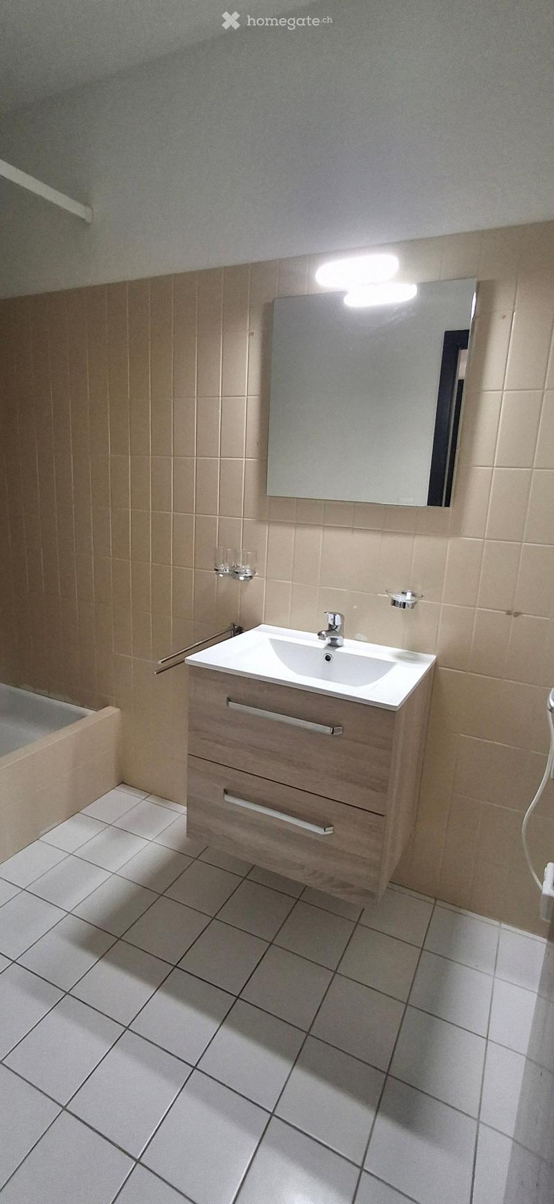Modern bathroom with a white sink, wooden cabinet, mirror, and tiled floor.