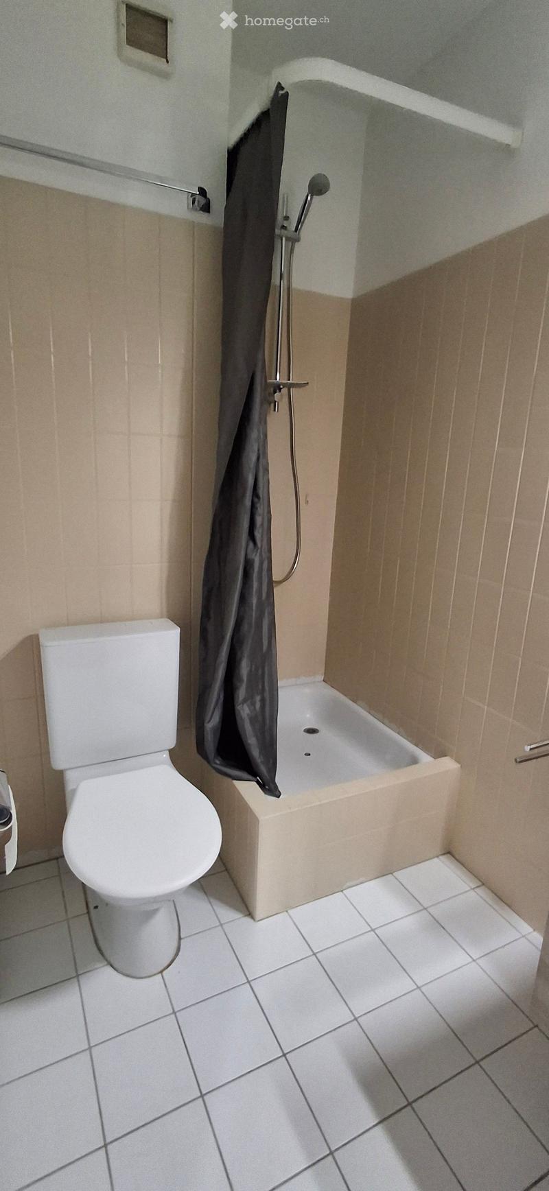 Modern bathroom with a white toilet, bathtub, and shower curtain. Light-colored tiles on walls and floor.