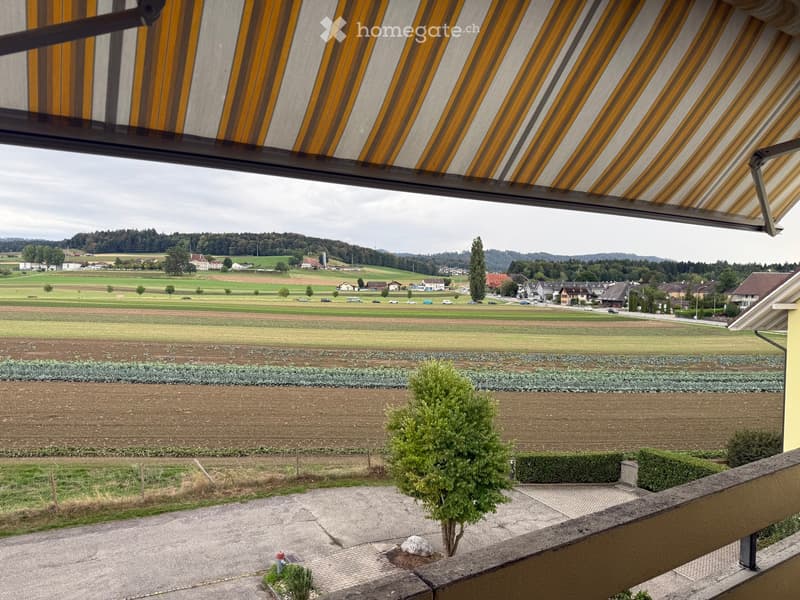 Balcony with striped awning, overlooking a rural landscape with fields, houses, and distant hills.