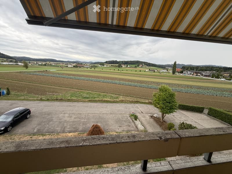 Balcony overlooking a rural landscape with fields, a driveway, and a parked car.