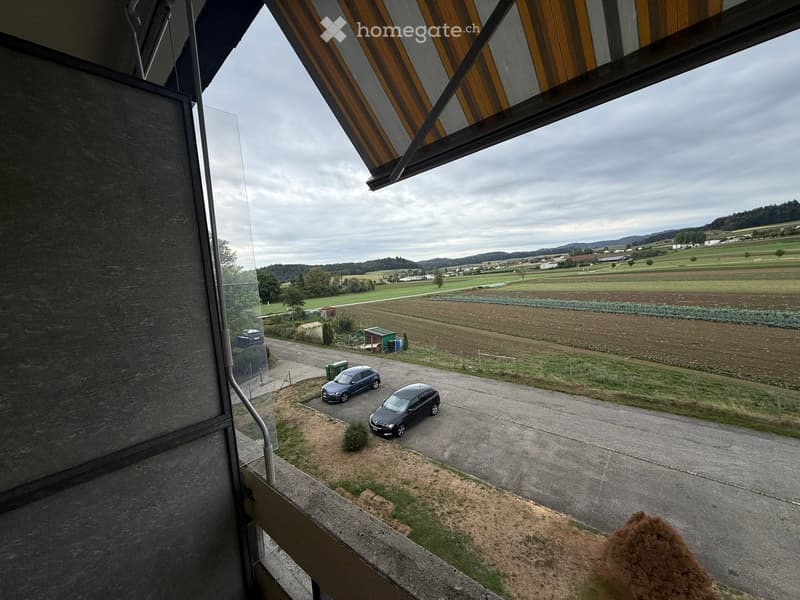 Balcony overlooking a rural landscape with parked cars, fields, and distant hills.