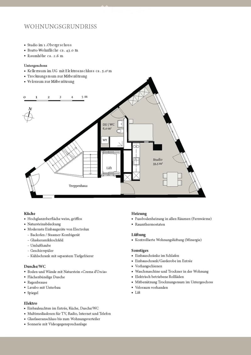 Floor plan of a 1st-floor studio apartment with a combined shower/WC area, kitchen, and elevator access. Includes details on kitchen appliances, heating, ventilation, and other features.