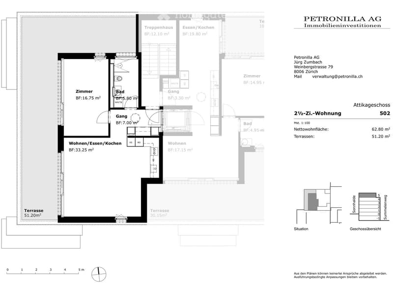 Floor plan of a 2.5-room apartment with living/dining/kitchen area, two bedrooms, two bathrooms, hallway, staircase, and two terraces.