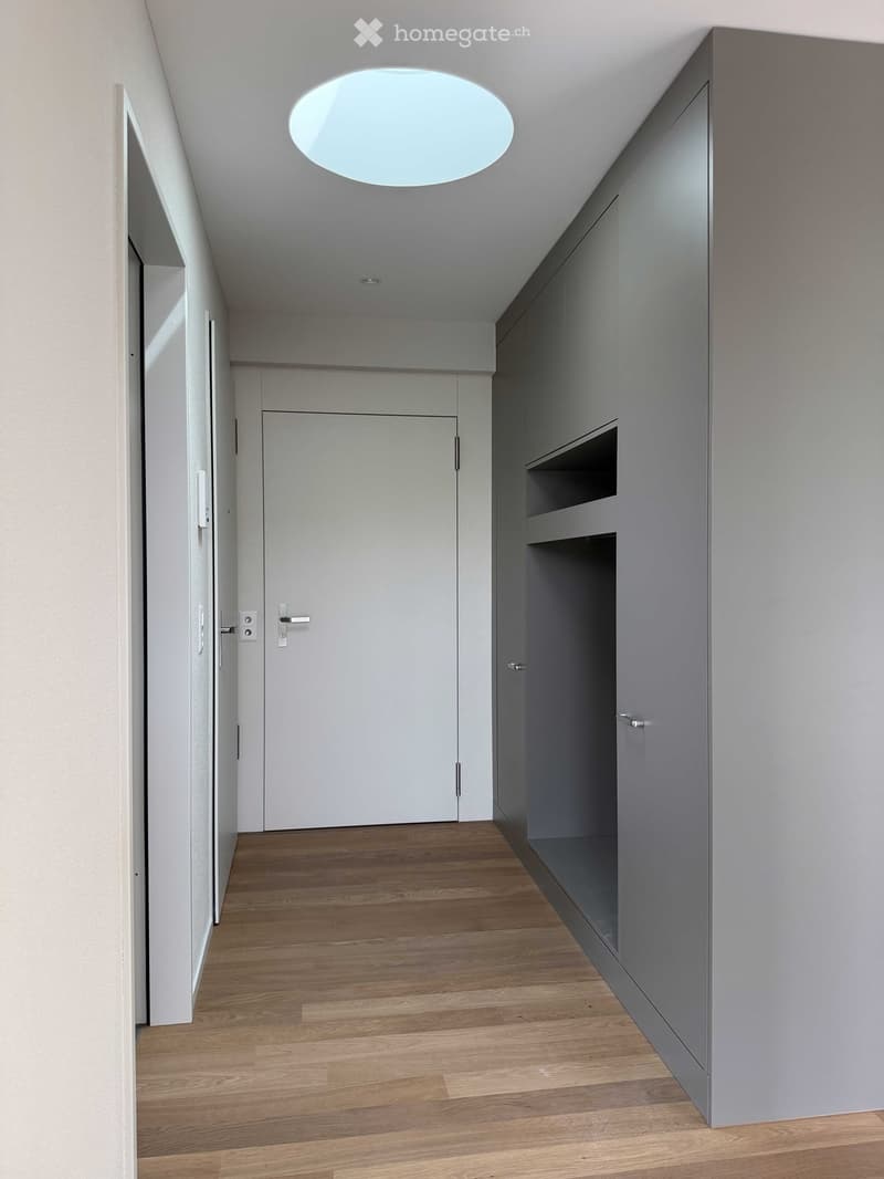 Modern hallway with wooden flooring, grey walls, built-in shelving unit, and recessed lighting.