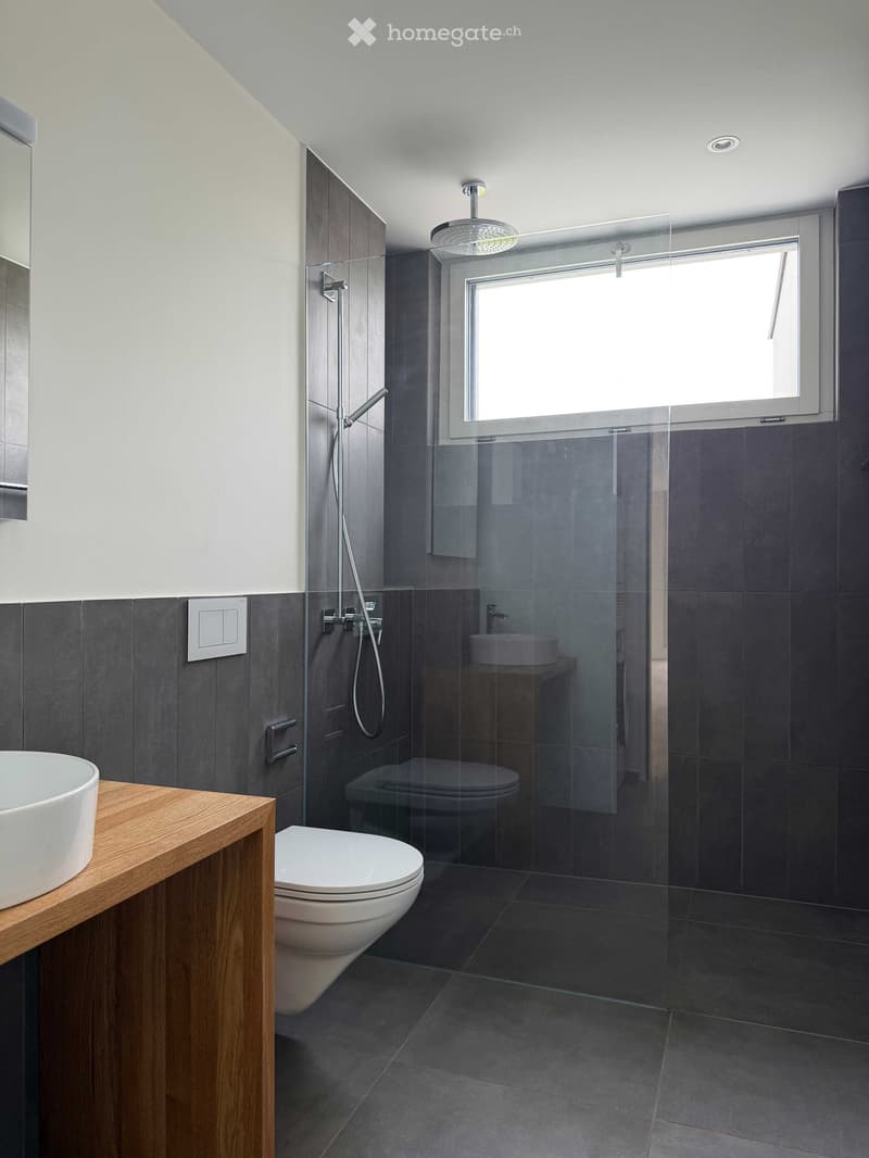 Modern bathroom with dark grey tiles, a glass-enclosed shower, a toilet, a sink, and a bathtub.