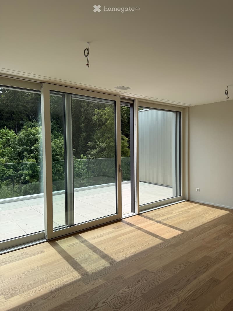 Empty room with wooden flooring, large sliding glass doors leading to a balcony with a tiled floor and glass railing.