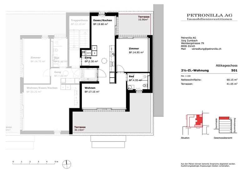 Floor plan of a 2.5-room apartment with living/dining/kitchen area, bedroom, bathroom, hallway, and two terraces.