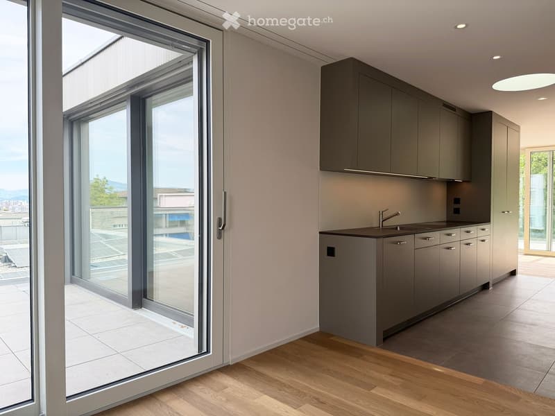 Modern kitchen with grey cabinets, a sink, and a large sliding glass door leading to a balcony.