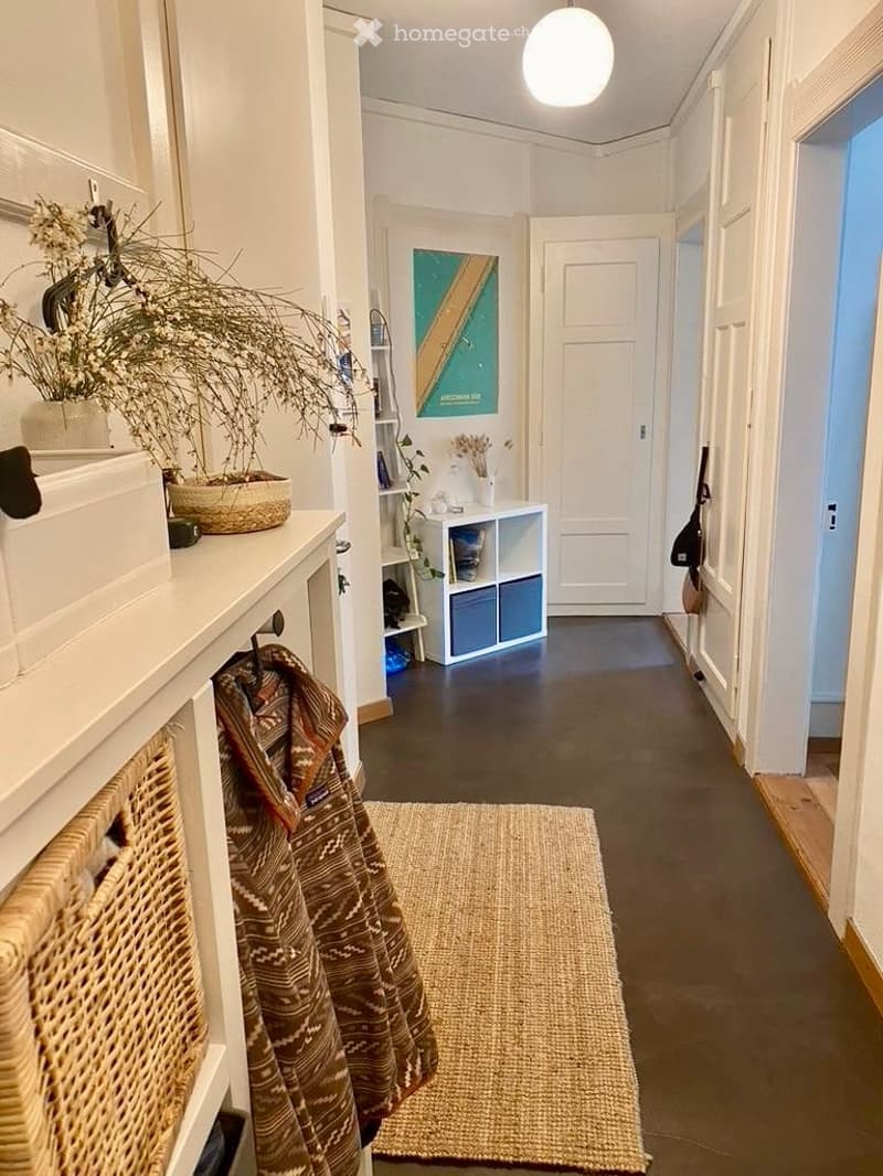 Hallway with dark flooring, white walls, a hanging light fixture, a small shelf unit, a woven basket, and a decorative rug.