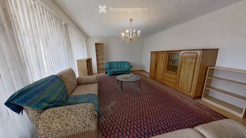 Living room with patterned sofa, coffee table, armchair, wooden cabinet, shelves, and chandelier.