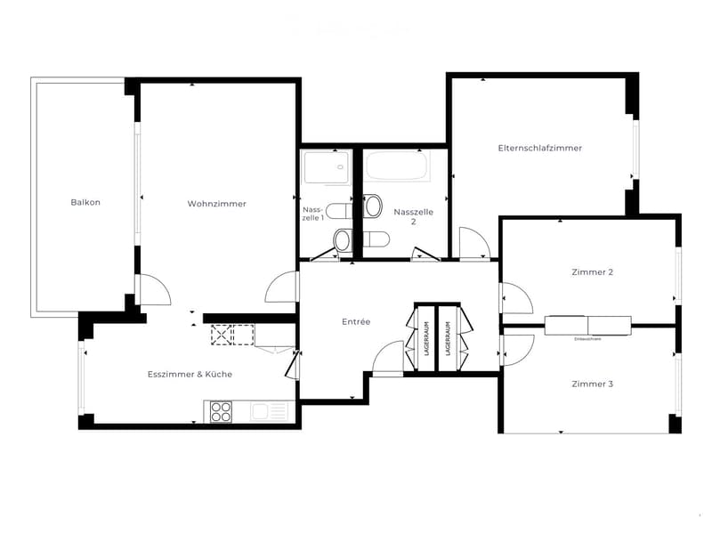 Floor plan of a 3-bedroom apartment with a living room, dining room and kitchen, bathroom, and balcony.