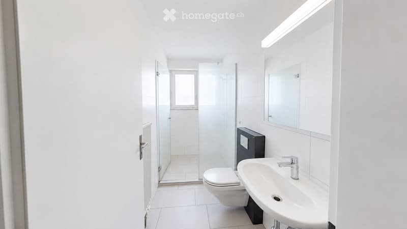 Modern bathroom with white tiles, a sink, toilet, mirror, and a glass shower enclosure.