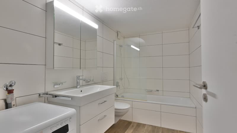 Modern bathroom with white tiles, a sink with a mirror, a bathtub, a toilet, and a washing machine. Features include a glass shower enclosure and built-in cabinets.