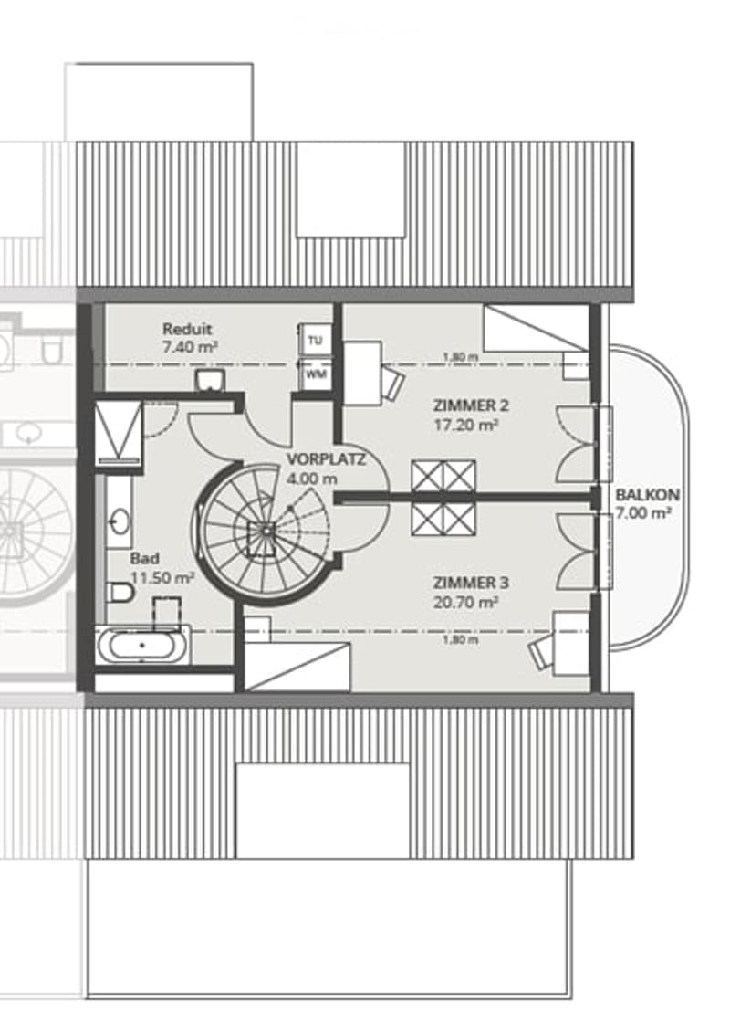 Floor plan of a residential unit featuring a bathroom, living area, three bedrooms, and a balcony.