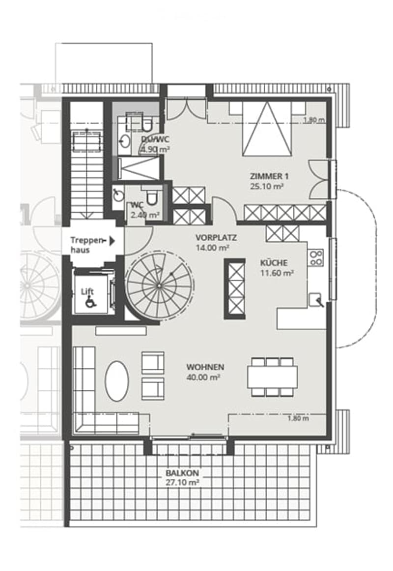 Floor plan of a 2-room apartment with a kitchen, living room, bedroom, and balcony.