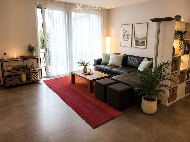Modern living room with a dark leather sofa, wooden coffee table, ottomans, side table, bookshelf, floor lamp, potted plants, and picture frames on the wall.