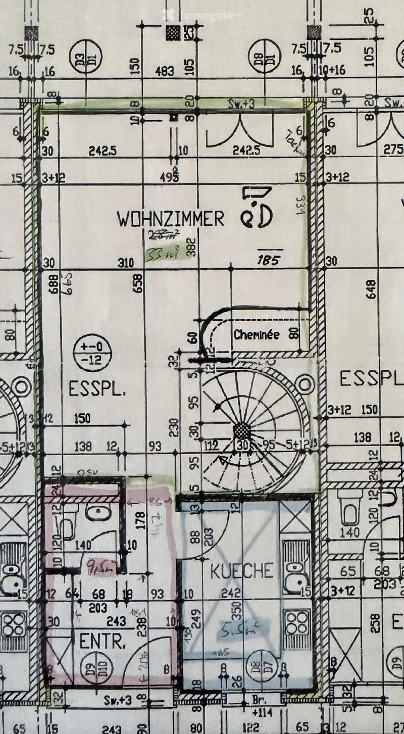 Floor Plan. Floor plan showing a living room (Wohnzimmer), kitchen (Kuche), dining area (Esspl.), entrance (Entr.), and a fireplace (Kamin). Dimensions and measurements are indicated throughout.