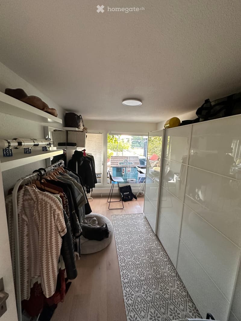 A well-lit hallway with a clothing rack, dog bed, and shelves. The space features a patterned rug and a large window offering a view of the outdoor area.