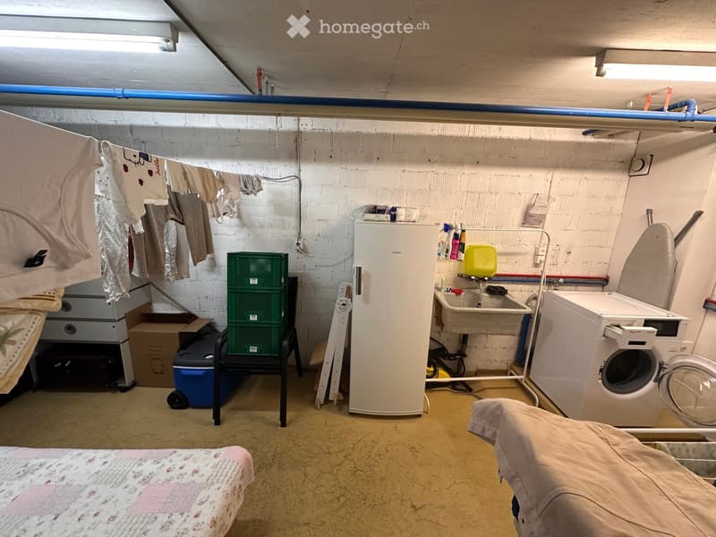 Laundry room with a refrigerator, washing machine, sink, and a bed in the corner.