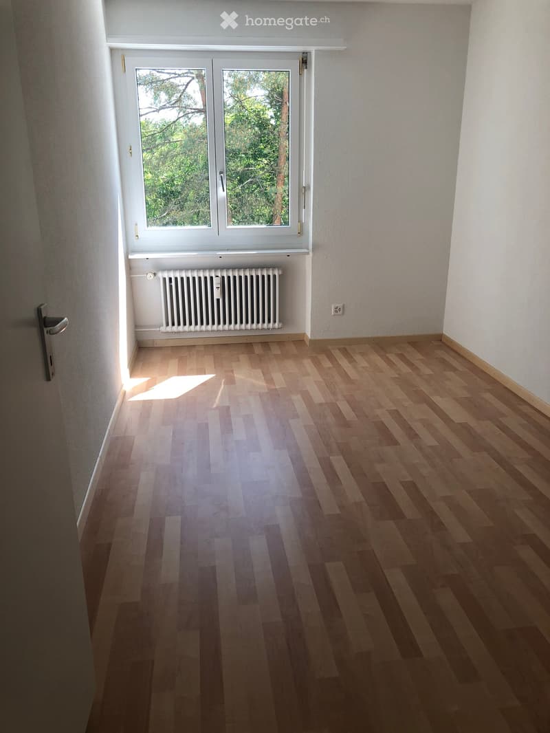 Empty room with wooden flooring, white walls, a window with white frame, and a radiator below the window.