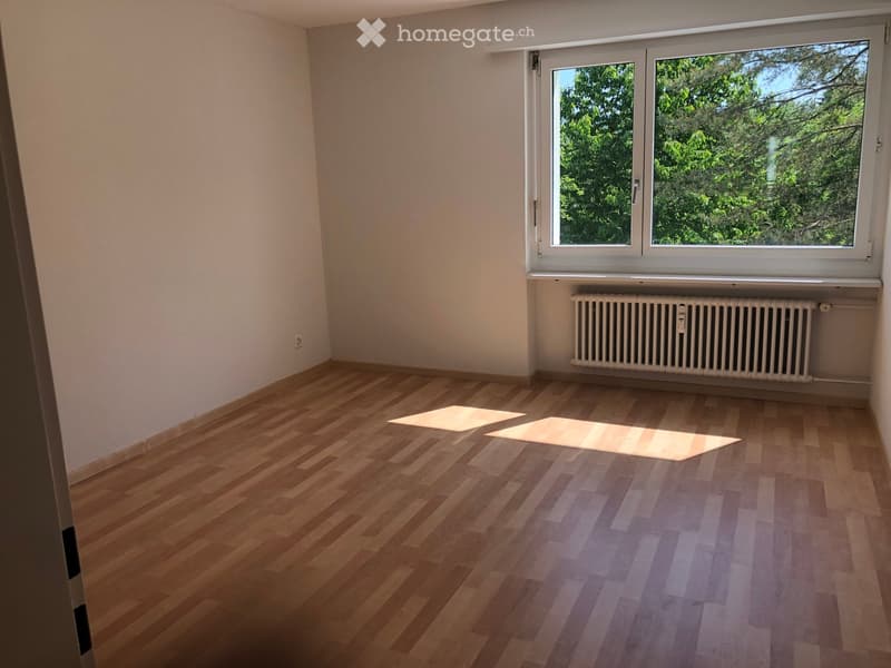 Empty room with wooden flooring, white walls, and a large window with a radiator below it.