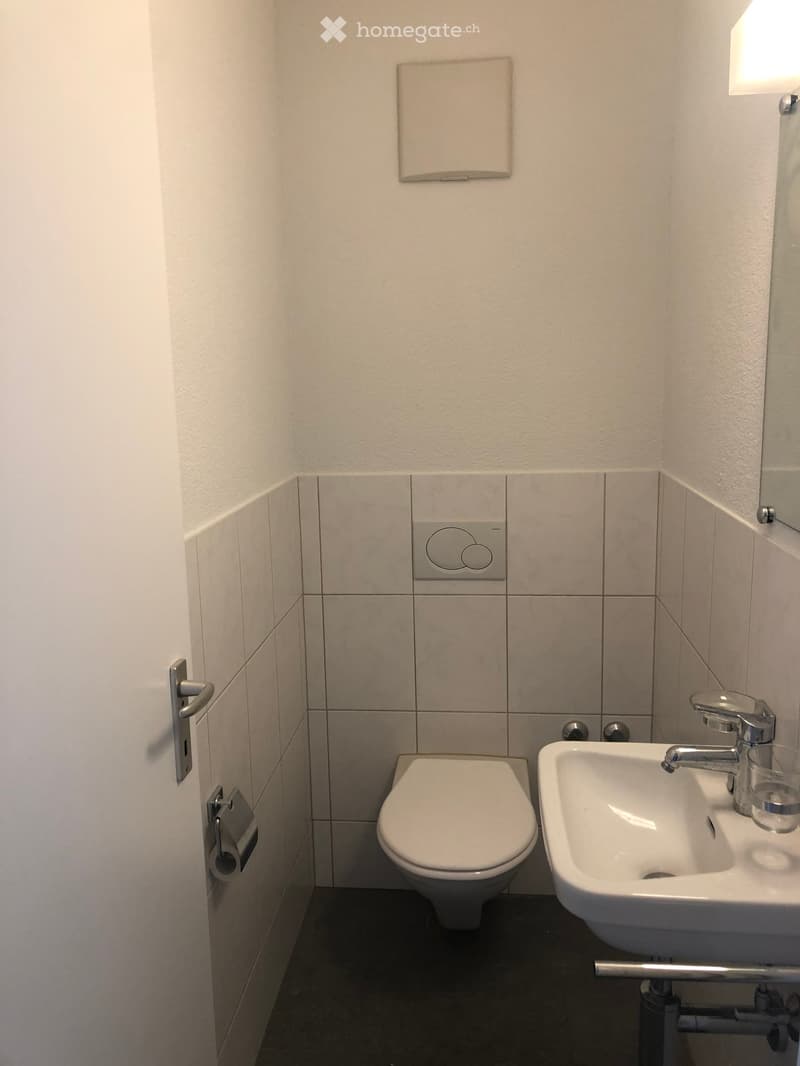 Modern bathroom with white tiled walls, a toilet, a sink with a chrome faucet, a mirror, and a toilet paper holder.