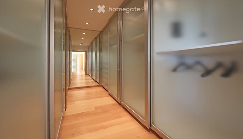Modern hallway with wooden flooring, recessed lighting, and mirrored doors on one side.