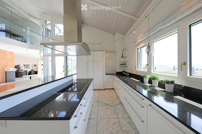 Modern kitchen with white cabinets, black countertops, and a central island. Features include a range hood, pendant lights, and potted plants on the counter.