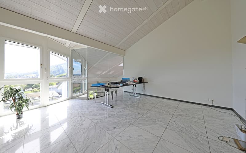 Bright, modern room with large windows offering a scenic view, marble flooring, and a wooden slanted ceiling. Contains a table with chairs, a laptop, and a potted plant.