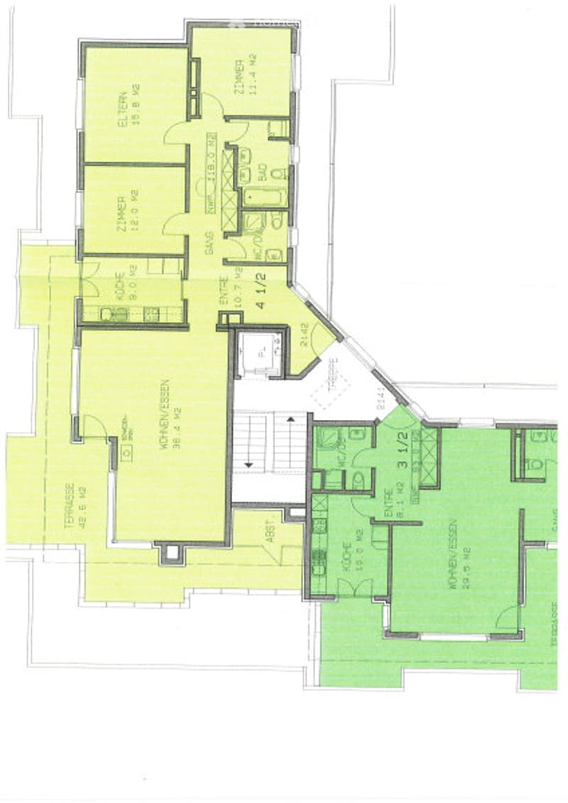 Floor plan of a multi-room house with labeled rooms including living room, dining room, kitchen, bedrooms, bathrooms, and terrace.