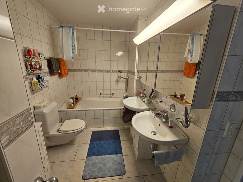 Modern bathroom with a toilet, bathtub, double sink, mirror, and various towels and toiletries neatly arranged on shelves and counters.
