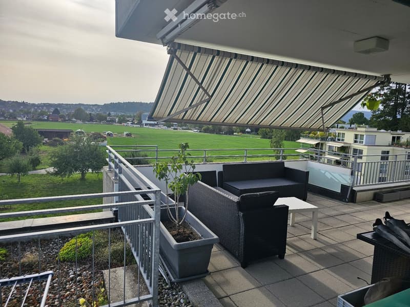Balcony with a view of a green field, featuring a sofa, chairs, a small table, and a potted plant.