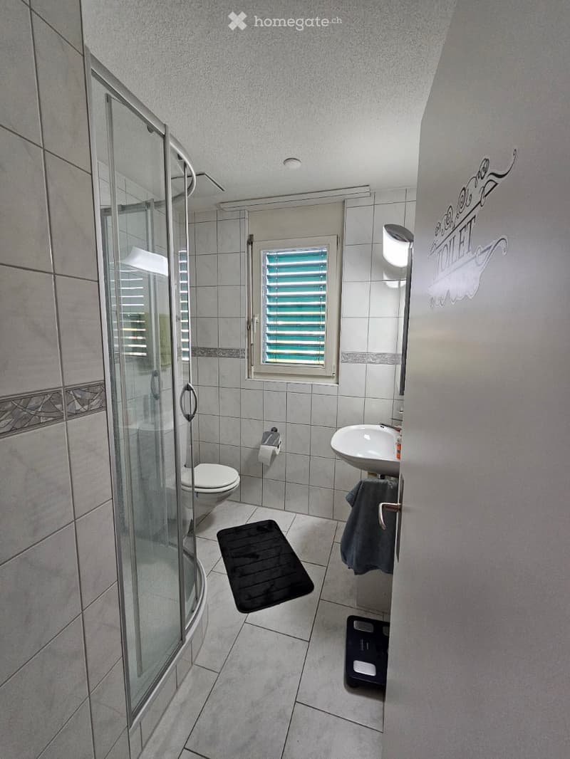 Modern bathroom with a glass-enclosed shower, toilet, sink, and a decorative wall with the word "TOILET" written on it. Includes a towel, bathroom scale, and a black mat on the floor.