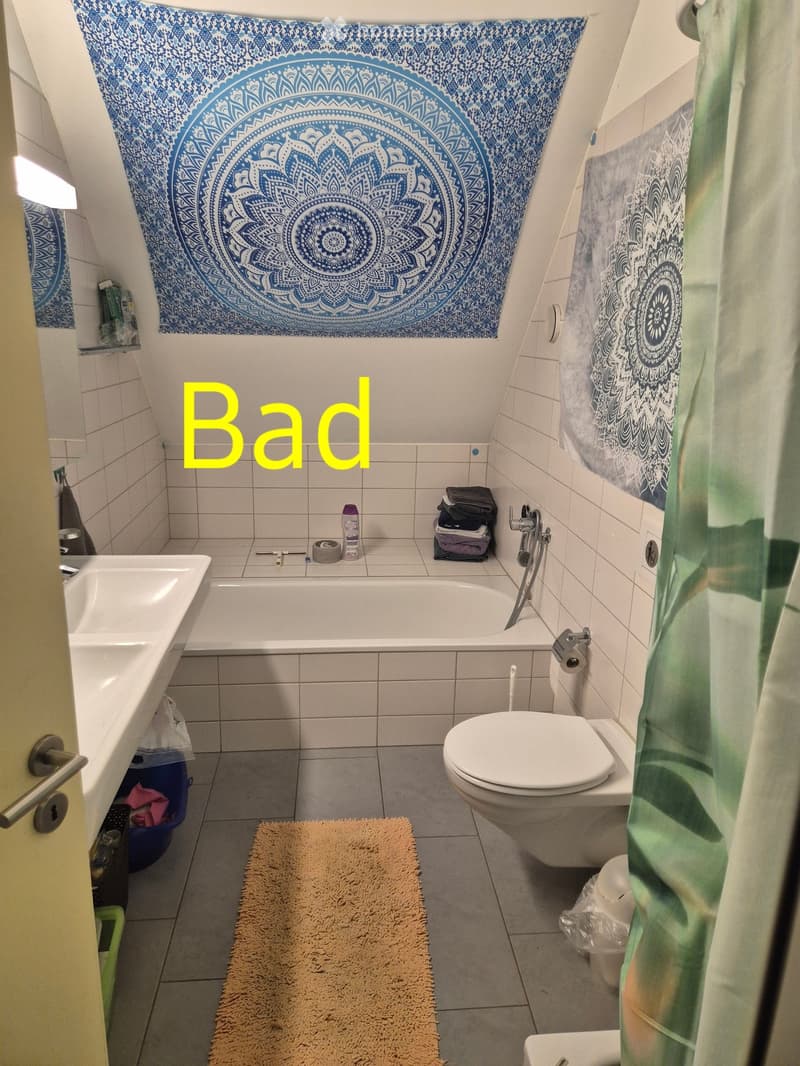 Bathroom with a bathtub, toilet, sink, shower curtain, and a small rug on the floor.