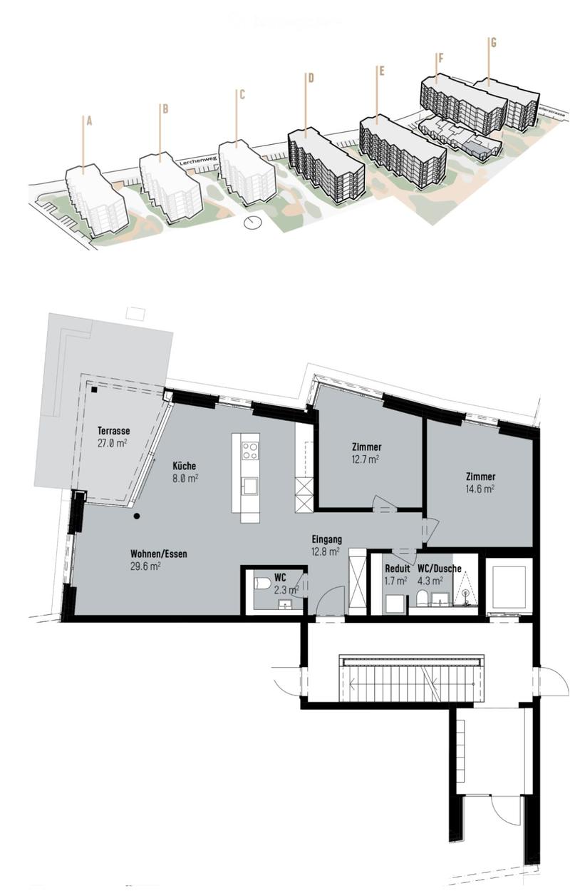 Floor plan showing a multi-building complex with labeled sections and a detailed interior layout including a kitchen, living/dining area, bedrooms, bathroom, and terrace.