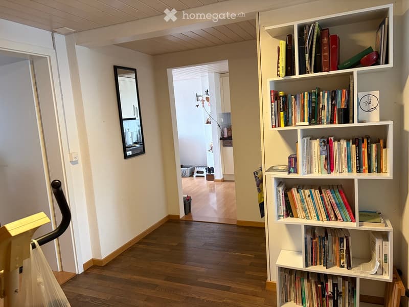 Hallway with wooden flooring, white walls, a mirror on the wall, and a bookshelf filled with books visible in the background.