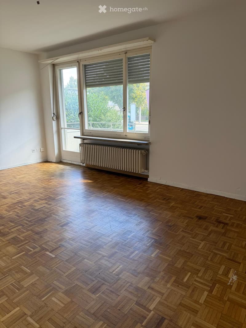 Empty room with wooden herringbone flooring, white walls, large windows with blinds, radiator, and visible electrical outlets.