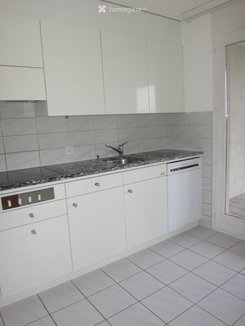 Modern kitchen with white cabinets, granite countertop, stainless steel sink and faucet, and built-in dishwasher.