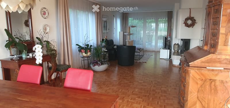 A well-furnished room with wooden flooring, a sofa, chairs, a table, a mirror, a cat tree, a fireplace, and several plants.
