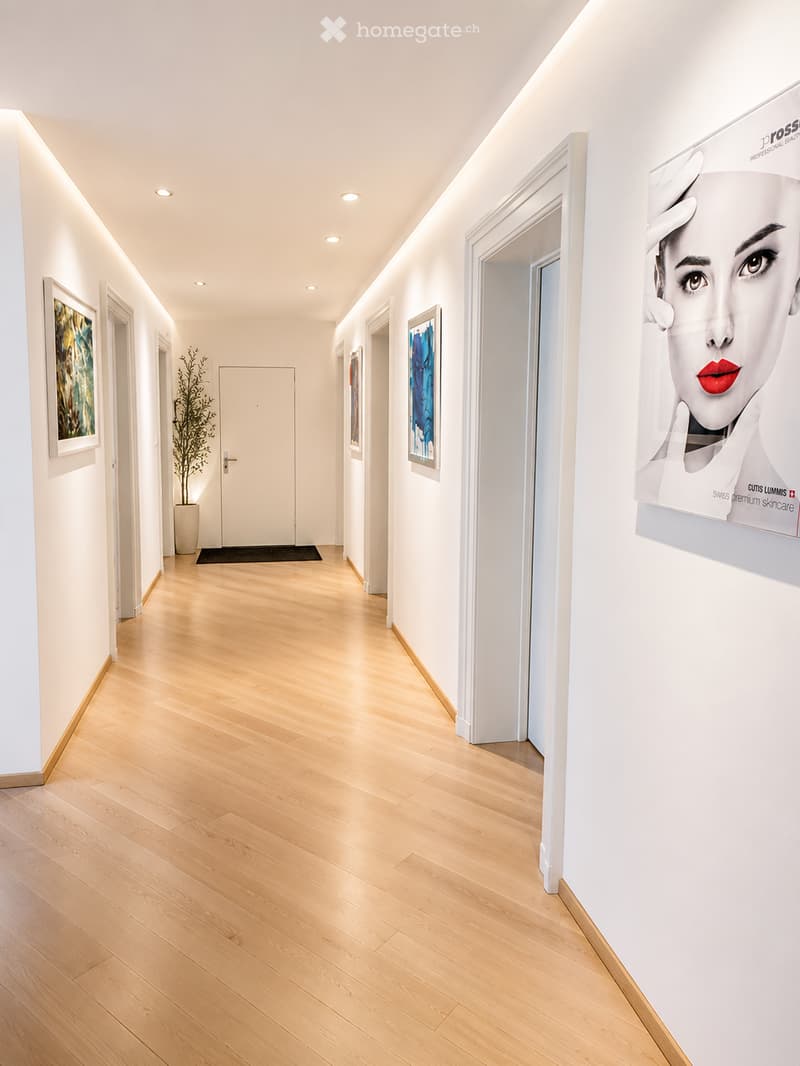 Modern hallway with light wooden flooring, white walls, recessed lighting, framed artwork, and a potted plant near a door.