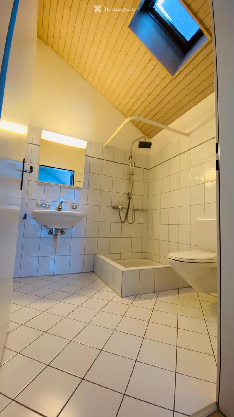 Modern bathroom with white tiled walls and floor, featuring a sink, toilet, bathtub, and showerhead. A mirror is mounted above the sink, and the space includes a skylight window for natural light.