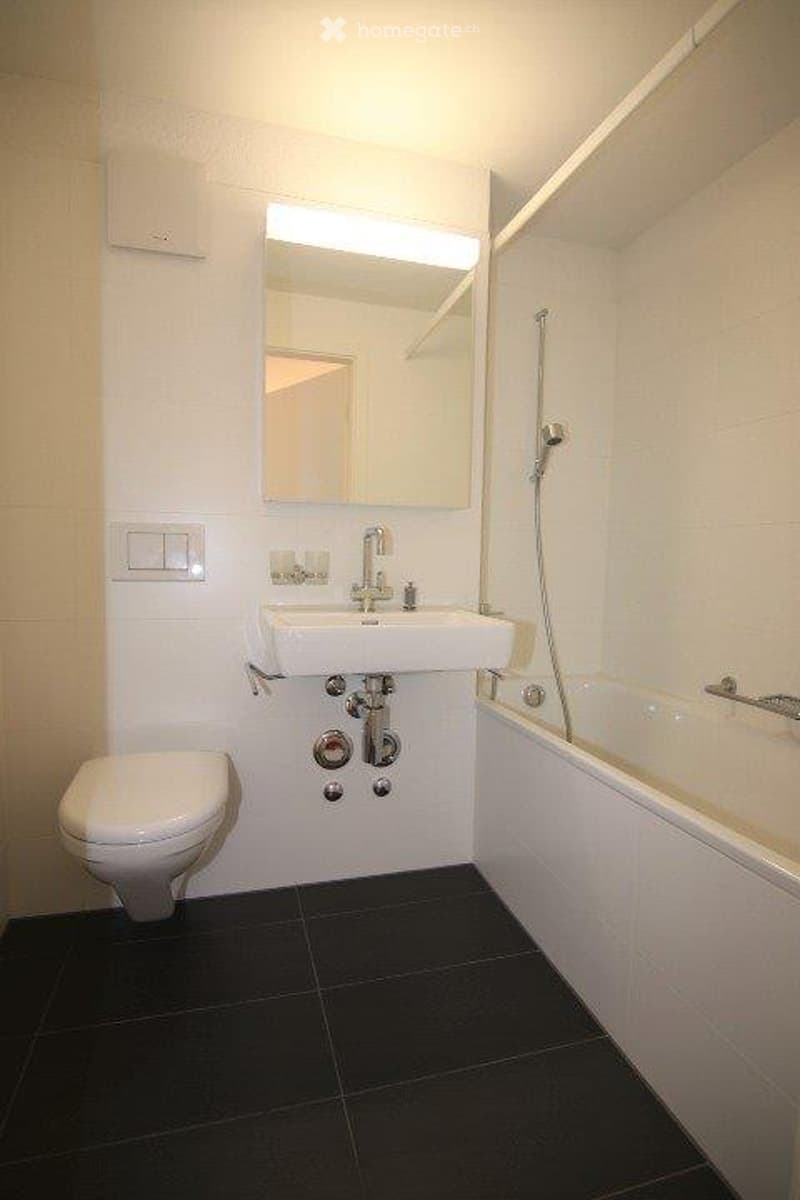 Modern bathroom with white tiles, black floor tiles, a sink with a chrome faucet, a toilet, a bathtub, and a large mirror above the sink.