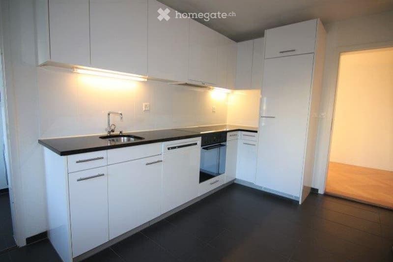 Modern kitchen with white cabinets, black countertops, and built-in appliances including a sink, dishwasher, and oven.
