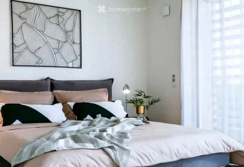 A modern bedroom with a large bed, multiple pillows, a blanket, a nightstand with a lamp, a small plant, and a large picture frame on the wall.