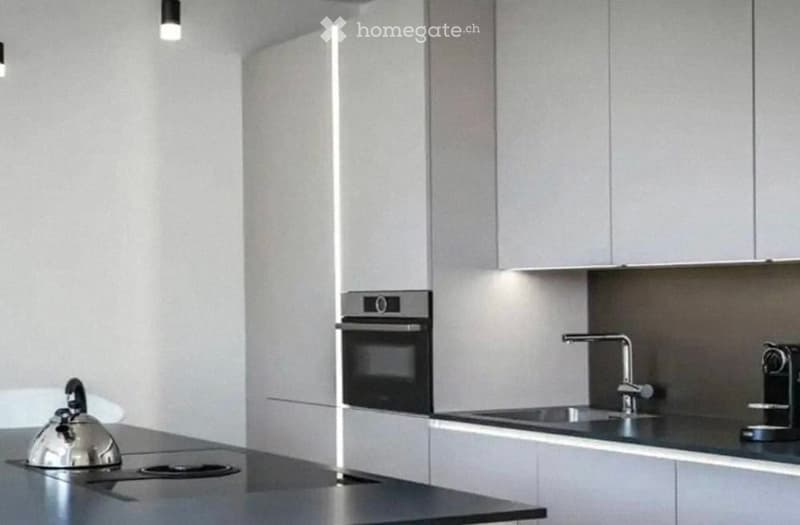 Modern kitchen with sleek grey cabinets, stainless steel appliances, and a black countertop.